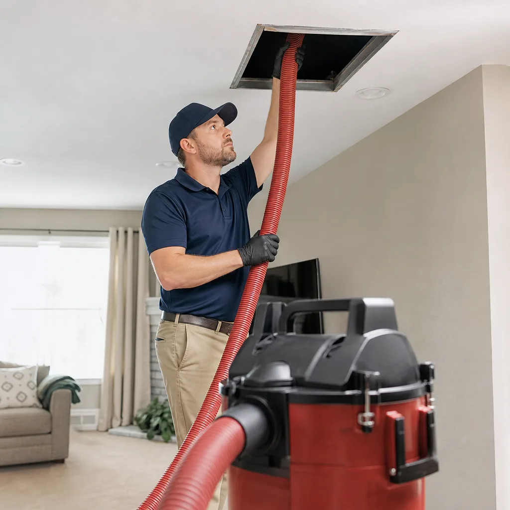 Professional technician performing air duct cleaning with a vacuum hose