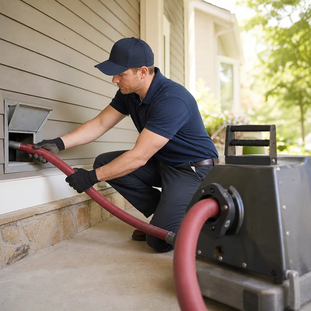 Professional technician performing residential air duct cleaning service with vacuum equipment