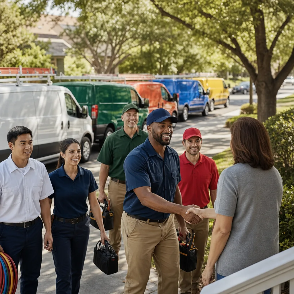 Professional air duct cleaning technicians shaking hands with a homeowner