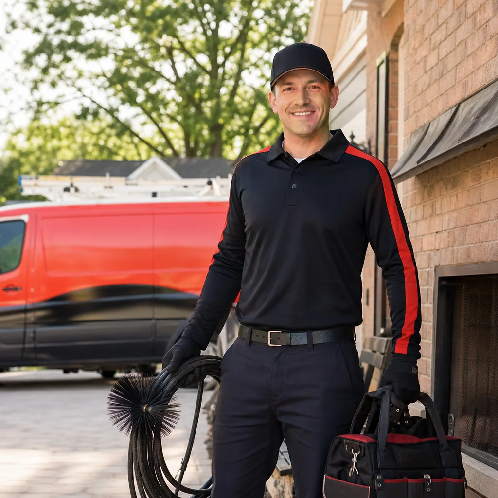 Professional chimney sweep holding cleaning brush and tool bag outdoors