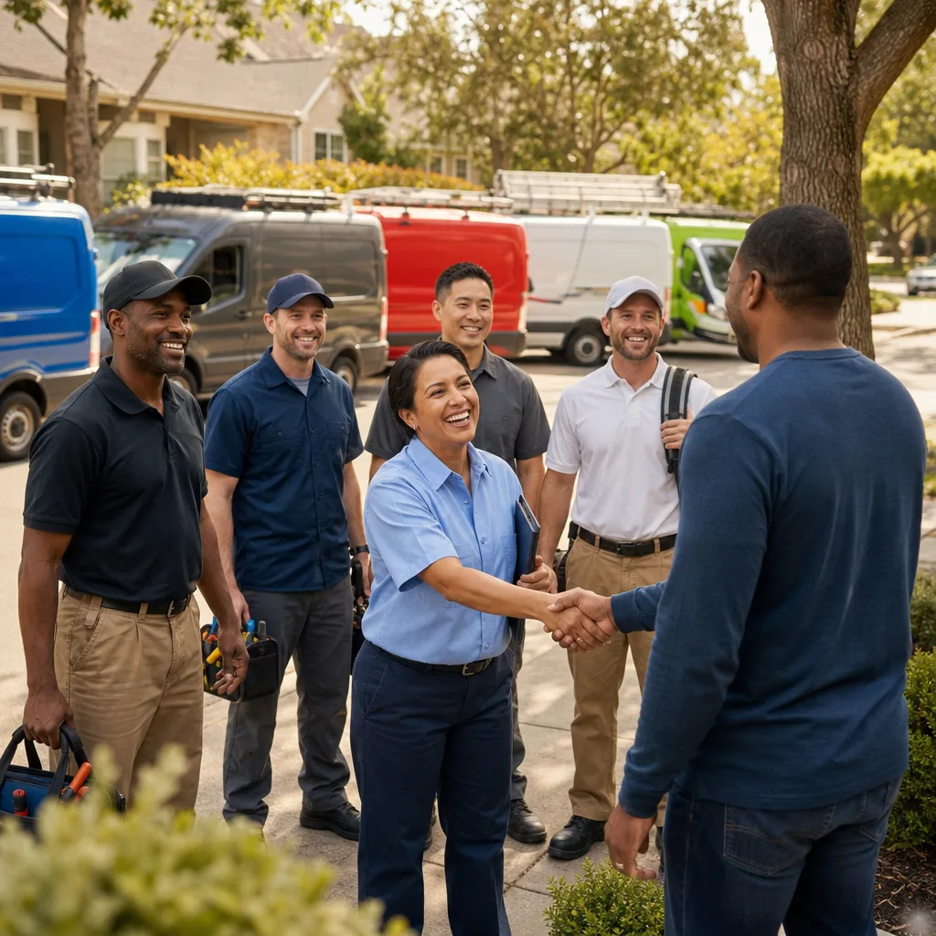 Professional chimney cleaning team meeting with a client outside.