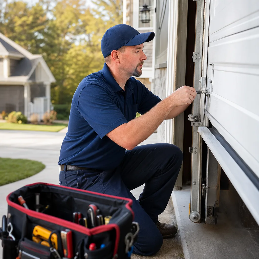 Professional technician repairing garage door components and hardware with tools