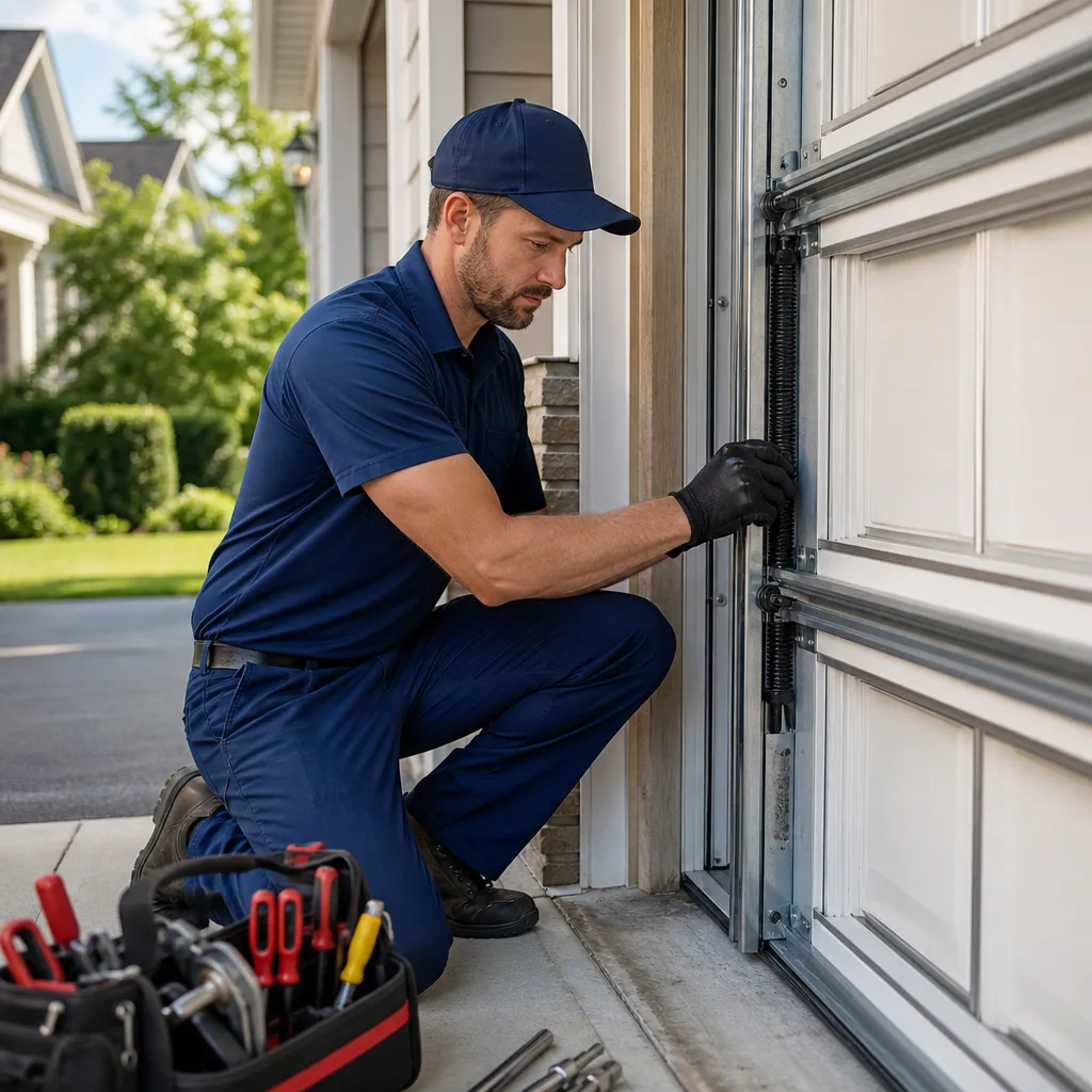 Professional garage door technician inspecting a door spring mechanism