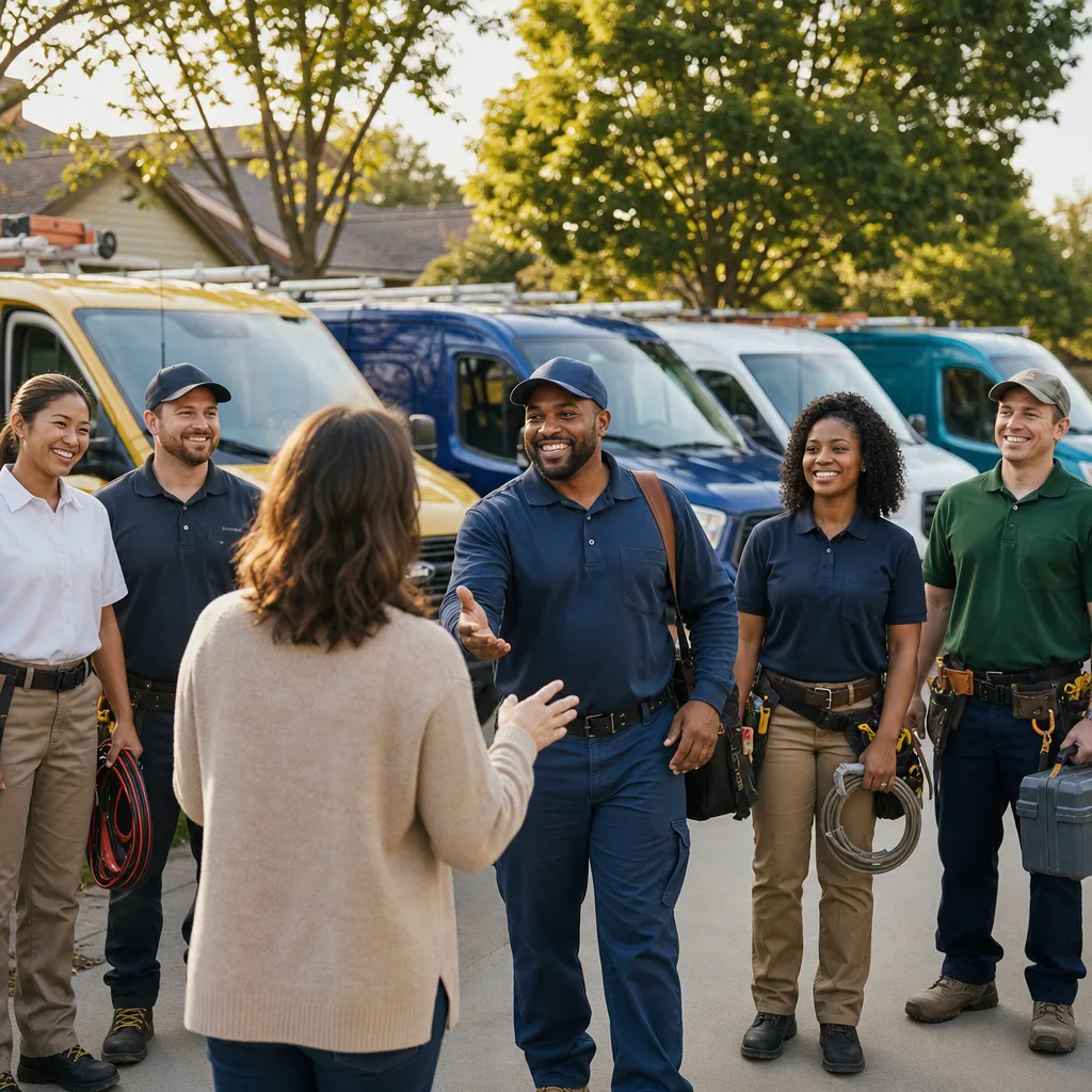 Diverse garage door service technicians standing with a client